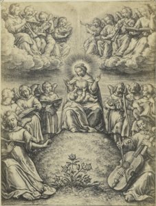 Valokuvaus van de gravure Le konsertti des anges oven Hieronymus Wierix Enkelien konsertti tekijältä Fierlants