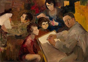 Omakuva perheen kanssa - Filipp Andrejevitš Maliavin (Maliavine) (tai Andrejevitš Maljavin) (1869-1940) maalaus, öljy kankaalle (46,5x64,5 cm), venäläinen taide, 1800-luvun loppu - 1900-luvun alku - Yksityinen kokoelma