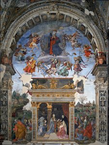 Neitsyt taivaaseenastuminen ja alempi Pyhä Tuomas Akvinolainen, joka esittelee Marialle kardinaali Oliviero Carafalle filippiiniläisen Lipin (1457-1504) freskon 1488-1492 Rooma, Church Santa Maria sopra Minerva, Chapel Carafa Italia tekijältä Filippino Lippi