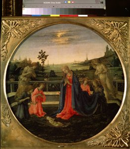 Kristus-lapsen palvonta. Jeesus Kristus lapsi, jota Neitsyt Maria ja enkelit palvoivat. Filippino Lipin (1457-1504) maalaus, noin 1480. Tempera kuparille. Firenzen taide, renessanssikausi. Hermitage Museum, Saint Pet tekijältä Filippino Lippi