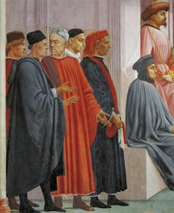 Miehet keskiaikaisessa mekossa, yksityiskohta teoksesta Theophilus pojan herättäminen, Tommaso Masaccio, fresko tekijältä Filippino Lippi