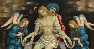Pietà Nikodeemuksen ja kahden enkelin surema kuollut Kristus, n. 1500. tekijältä Filippino Lippi