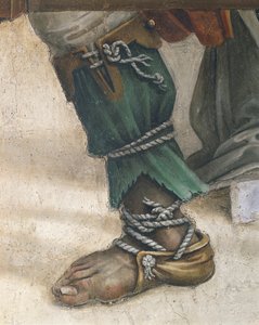 Pyhän Johanneksen evankelista elvyttämässä Drusianaa, Filippino Lippi, yksityiskohta jalkineista, fresko tekijältä Filippino Lippi