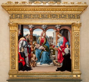 Neitsyt lapsen kanssa ja pyhä Johannes Kastaja, pyhä Martin ja pyhä Katariina Aleksandrialainen. Nerli alttaritaulu (tempera paneelissa tekijältä Filippino Lippi