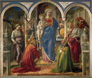 Madonna ja lapsi enkeleiden kanssa sekä pyhimykset Frediano ja Augustinus, nimeltään "Pala Barbadori" ... tekijältä Filippo (workshop of) Lippi