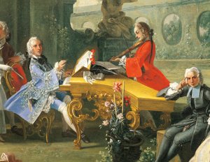 Konsertti puutarhassa, n. 1750, Filippo Falciatore (toiminut 1737-1768), öljy kankaalle, 75,8 x 102 cm. Yksityiskohta. Italia