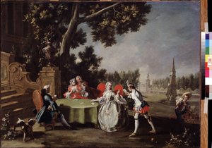 ""Korttijuhlat"" Ryhmä italialaisia ​​aatelisia, jotka pelaavat korttia puutarhassa. Filippo Falciatoren (1718-1768) maalaus 1700-luvun Pushkin-museo, Moskova