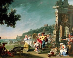 Tarantella Margellinassa, n. 1750, Filippo Falciatore (toiminut 1737-1768), öljy kankaalle, 76,2 x 102 cm. Italia