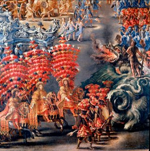 Juhla Palazzo Barberinissa Christine de Sueden (Ruotsin Kristiina) kunniaksi, 28.2.1656 Yksityiskohta. Filippo Laurin (1623-1694) ja Filippo Gagliardin (kuollut 1659) maalaus. 1600-luvun Rooma, Rooman museo