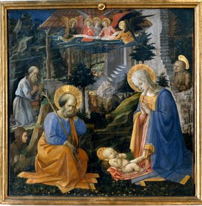 Filippo Lipin (1406-1469) lapsen palvonta Pyhän Hieromuksen, Pyhän Hilarionin, Pyhän Madeleinen ja Enkelit Detrempen kanssa 1455 Firenzen ympäristössä, Galleria degli Uffizi (toimistot) - Palvonta Pyhän Joosefin, Pyhän Hieromuksen ja Maria Magdaleenan kans