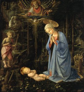 Neitsyt palvoo lasta / Palvonta metsässä, Pyhä perhe ja nuori Johannes. tekijältä Filippo Lippi