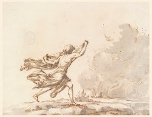 Piirros, Nuori mies juoksee kohti tulta, 1700-luvun puoliväli tekijältä Filippo Marchionni