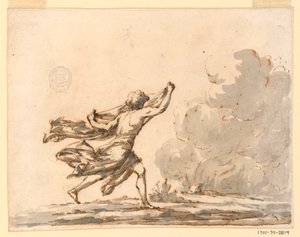 Piirros, Nuori mies juoksee kohti tulta, 1700-luvun puoliväli tekijältä Filippo Marchionni