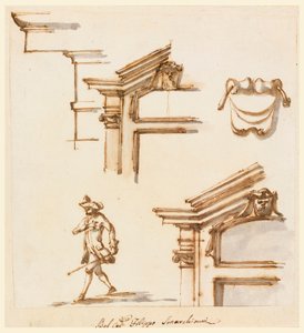 Piirustus, arkkitehtoniset yksityiskohdat ja hahmotutkimus, 1760-75 tekijältä Filippo Marchionni