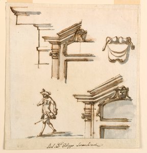 Piirustus, arkkitehtoniset yksityiskohdat ja hahmotutkimus, 1760-75 tekijältä Filippo Marchionni