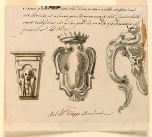 Piirustus, konsolin ja lippuselän luonnos, 1763 tekijältä Filippo Marchionni
