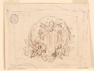 Piirros, Paavi Benedictus XIV:n vaakunalla varustettu taulu, taustalla kuori, 1740-58. tekijältä Filippo Marchionni