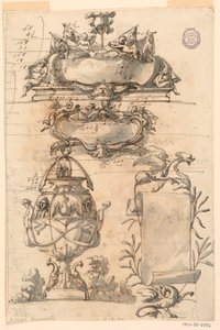 Piirustus, Kaksi lippalappua, koristeellinen maljakko ja käärö, 1750-75 tekijältä Filippo Marchionni