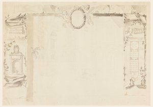Piirustus, keskeneräinen suunnitelma muistolehtistä, joka viittaa paavin tehtaan pystyttämiseen (Magazins of Annona), 1760-69. tekijältä Filippo Marchionni