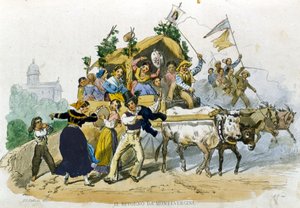 Napolilaiset palaavat iloisina matkalta Montevergineen. F. Palizzin piirros De Bourcardin "Custumi del regno di Napoli" -kappaleesta tekijältä Filippo Palizzi