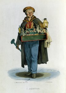 Napolin kaupungin pienyritys: matkustava brandyn myyjä. Kaiverrus F. Palizzan maalauksen jälkeen. Francesco de Bourcardin teoksesta "" Costumi del regno di Napoli"" tekijältä Filippo Palizzi