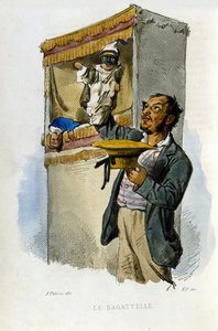 Napolin kaupungin pienyritys: nukkenäyttelijä. Kaiverrus F. Palizzan maalauksen jälkeen. Francesco de Bourcardin teoksesta "" Costumi del regno di Napoli"" tekijältä Filippo Palizzi