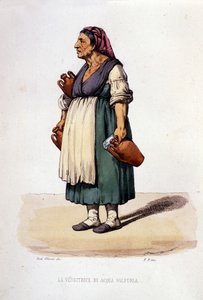 Napolin kaupungin pienyritys: kävelevä rikkiveden myyjä. Kaiverrus F. Palizzan maalauksen jälkeen. Francesco de Bourcardin teoksesta "" Costumi del regno di Napoli"" tekijältä Filippo Palizzi