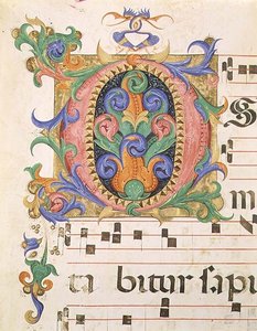 Missal 515 f.123r Alkukirjain "O", koristeltu lehvillä ja fantastisilla lintuilla, yksityiskohta kuorokirjasta, joka valmistettiin ennen vuotta 1449 (vellum)