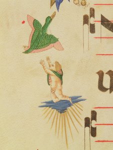 Missal 515 f.13v Viittaan puettu kerubi yrittää saada kiinni lentävää lintua, koristeellisesta reunuksesta, yksityiskohta kuorokirjasta, joka on toteutettu ennen vuotta 1449, pergamentti, yksityiskohta 56721