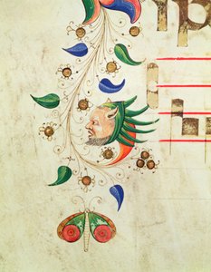 Missali 515 f.72v Zoomorfinen lehtikuvioinen reunus, yksityiskohta kuorokirjasta, joka on tehty ennen vuotta 1449 vellumilla.