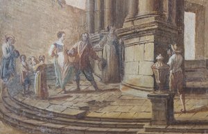 Genrekohtaus, öljy puulle, yksityiskohta salongin ikkunaluukkuista, Kuningattaren asunto, Metsästysasunto, kirjoittanut Filippo Juvarra (1678-1736), Stupinigi, Piedmont, Italia