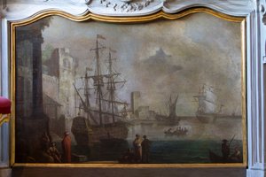 Merimaisemamaalaus, takkaseinä, Metsästysasunto, kirjoittanut Filippo Juvarra (1678-1736), Stupinigi, Piedmont, Italia