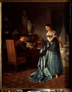 Muotinainen, valmistautuminen palloon - Firs Sergeevich Zhuraviev (1836-1901) maalaus, öljy kankaalle