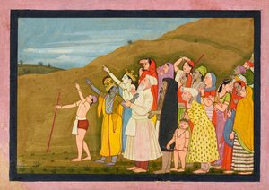 Krishna ja hänen perheensä ihailevat auringonpimennystä, ehkä sivua "Kangra/Modi" <em>Bhagavata Puranasta</em> tekijältä First generation after Nainsukh