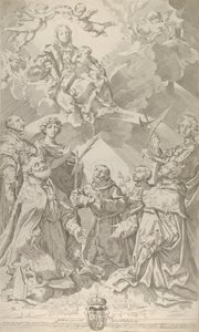 Bolognan suojeluspyhimykset katsovat ylöspäin Neitsyt, joka istuu pilvissä..., 1640-50.