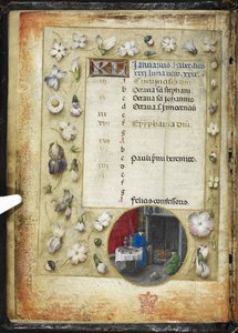 Lisää tammikuun MS 38126 f.1v -kalenterisivu, jossa on pyöreä pienoismalli kahdesta miehestä, jotka lämmittelevät tulen edessä, kirjasta "Tuntiajat, Rooman käyttö" ("Huth Hours") n. 1485-90 (muste & väri ja kulta velumissa) tekijältä Flemish School