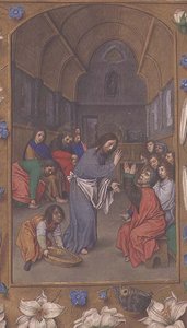 Lisänumero 54782, f.265v: Kristus pesee opetuslasten jalat, Hastings Hoursista, n. 1475-1483 (vellum) tekijältä Flemish School