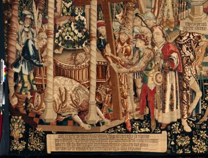 Katedraali (Zaragozan Vapahtajan Seo Ca katedraali). Kuvakudosmuseo. Flanderin kuvakudos. Pyhän Ristin legenda (Pyhän Ristin legenda, Pyhän Ristin legenda). Yksityiskohta. Noin 1450. 430x1120cm. tekijältä Flemish School