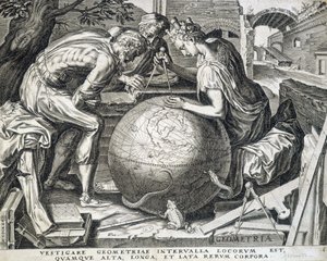 Hahmot nojaavat maapallon yläpuolelle komppailla (geometrian allegoria) - kaiverrus, Flanderi tekijältä Flemish School