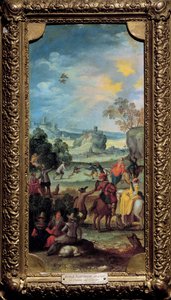 Haukkametsästys Kohtausmetsästys ja lepo maaseudulla. Flanderin koulun maalaus. 1700-luvun alku. Dijon, Kuvataidemuseo tekijältä Flemish School