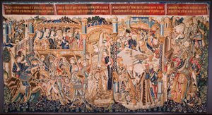 Flanderin kuvakudos. Sarja Theben historia (De geschiedenis van Thebe-La Historia de Tebas): Tidio ja Polyneses (Tideus en Polineikes, Tidio y Polineces). Noin 1490-1500. tekijältä Flemish School