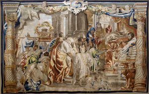 Flanderin kuvakudos. Sarja Eukaristian apotheosis. Mosaiikkilain uhraus (Sacrificio de la Ley Mosaica). Mallisarjakuva on kopioitu Rubensin alkuperäisestä. Brysselin valmistus. Valmistaja Frans van den Hecke. 1700-luvun puoliväli. Kangas Silkki ja villa, tekijältä Flemish School