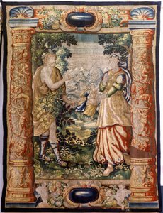 Flanderin kuvakudos. Sarja Gallantry (Galante). Mahtava kohtaus (Escena galante). Valmistus Brysselissä, 1600-luvun alku. Kangas Silkki ja villa, 5/6 loimi/cm. Koko 348 x 263 cm. Sijainti San Millán de la Cogollan kirkko, Oncala (Soria). Alkuperä lahjoitus tekijältä Flemish School
