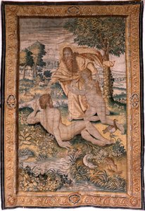 Flanderin kuvakudos. Sarja Genesis tai Luomisen mies. Jumala luo Naisen ja esittelee hänet Aadamille (Dios crea a la mujer y la presenta a Adán). Malli perustuu Michiel Coxcieen. Valmistus Jan Aerst Brysselissä. Noin 1630. Kangas Silkki ja villa. tekijältä Flemish School