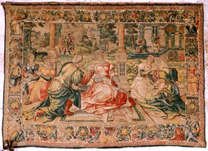 Flanderin kuvakudos. Sarja Mark Anthony ja Cleopatra. Kleopatra ja hänen hovinsa (Cleopatra en su corte). Pieter Coecke van Aelstin mallisarjakuva. Valmistus Brysselissä(?). 1500-luvun toinen puoli. Kangas Silkki ja villa. Koko 310 x 435 cm. Alkuperä tekijältä Flemish School