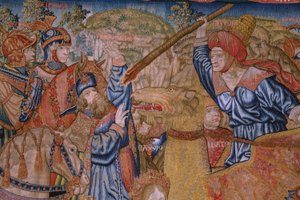 Flanderin kuvakudos. Sarjan moraalit: kunnianosoitusten hyve (De deugd van de Honores, The Virtue of honors). Noin 1520. Yksityiskohta tekijältä Flemish School
