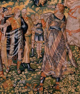 Flanderin kuvakudos. Sarjan tarina Cyrusista. No II Astyages tunnistaa Cyroksen (Ciro reconocido por Astiages). Anonymous, perustuu Michiel Coxcieen. Atelier Antwerpen. Silkki ja villa. Noin 1590. tekijältä Flemish School