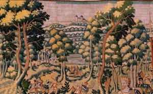 Flanderin kuvakudos. Sarjan tarina Cyrusista. No II Astyages ei tunnista Cyrus (Ciro reconocido por Astiages). Anonymous, perustuu Michiel Coxcieen. Atelier Antwerpen. Silkki ja villa. Noin 1590. tekijältä Flemish School
