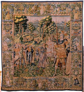 Flanderin kuvakudos. Sarjan tarina Cyrusista. No II Astyages tunnistaa Cyroksen (Ciro reconocido por Astiages). Anonymous, perustuu Michiel Coxcieen. Atelier Antwerpen. Silkki ja villa. Noin 1590. tekijältä Flemish School