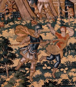 Flanderin kuvakudos. Sarjan tarina Cyrusista. No V -taistelu kahden soturin välillä ja Cyrusin kuolema (Combate de dos guerreros y muerte de Ciro). Anonymous, perustuu Michiel Coxcieen. Atelier Antwerpen. Silkki ja villa. Noin 1590. tekijältä Flemish School